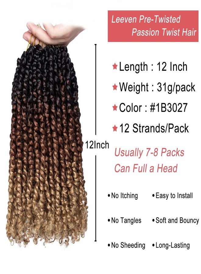 Leeven 8 Packs Pre Twisted Passion Twist Crochet Hair 12 Inch 3 Tone Ombre Brown Pre Looped Short Bomb Twists Curly Ends Bohemian Braids Synthetic Hair Extensions for Women 12 Strands/Pack #1B/30/27 - Image 2